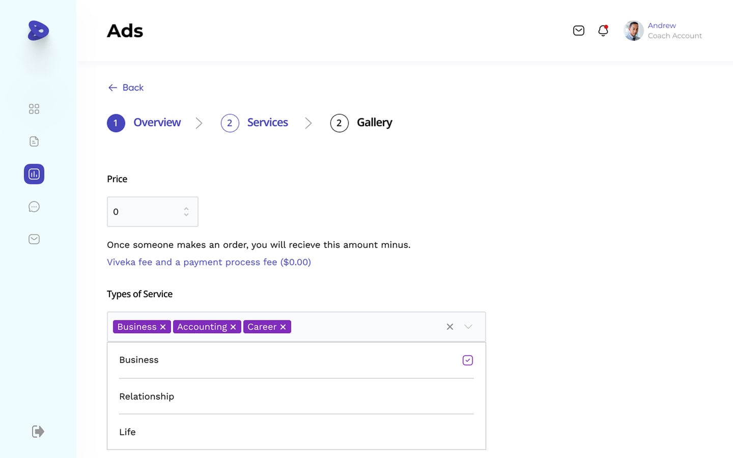 Service listing setup