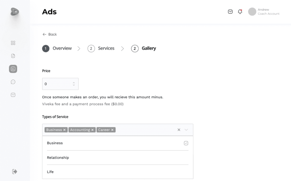 Service listing setup